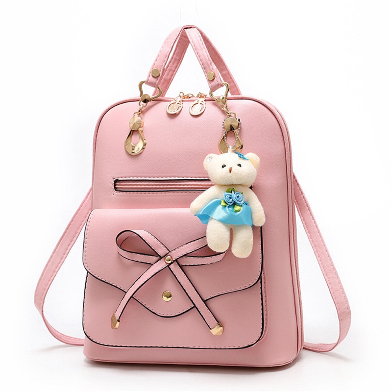 PU Leather Backpack Double Shoulder Bag Women Schoolbag Handbag Bear Pendant Bow Laptop Bag