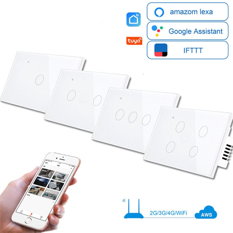 Somgoms Wifi Wall Touch Sensitive Switch App Remote Control 1/2/3/4 Gang Wireless LED Light Smart Touch Screen Switch Work with Alexa Google Assistant