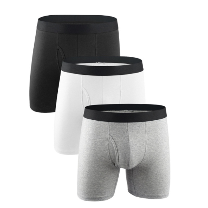 3PCS Men’s Cotton Long Leg Boxer Briefs, Men’s Simple Solid Color Panties Boxershorts, Comfy Open Front Crotch Underwear Male Sports Underpants Shorts