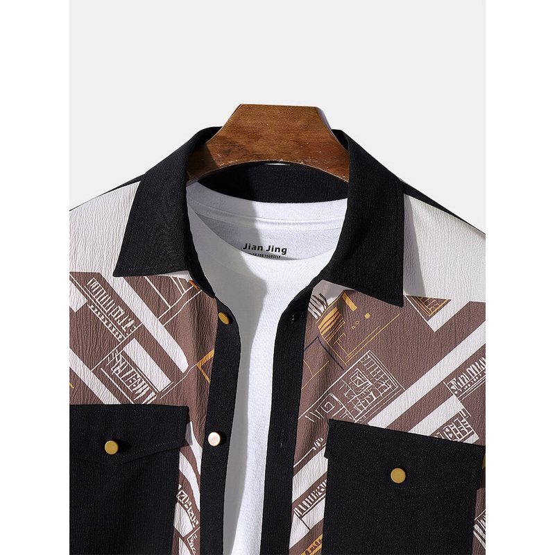 ChArmkpR Mens Casual Long Sleeve Shirt Vintage Geometric Print Patchwork Flap Pocket Lapel Shirt without T-shirt