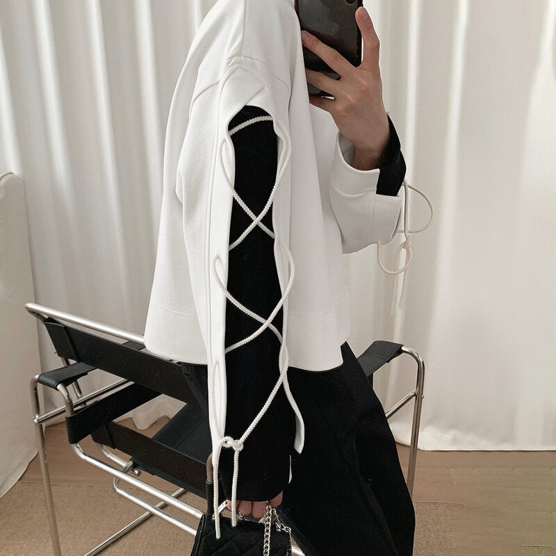 INCERUN Men Black White Color Lace Up Design Pullover Hoodies Casual Loose Fit Crew Neck White Hoodies Plus Size Men’s Clothing for Spring Fall