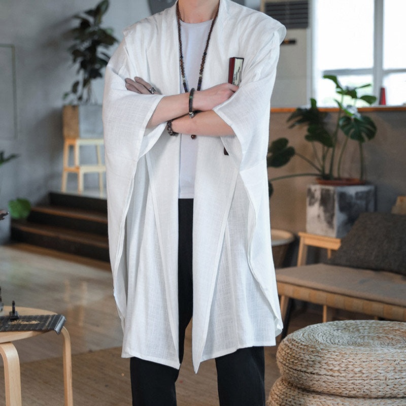 INCERUN Men Chinese Style Simple Hooded Poncho Coat Long Sleeve Cardigan Loose Fit Solid Color Long Hooded Shirt Plus Size