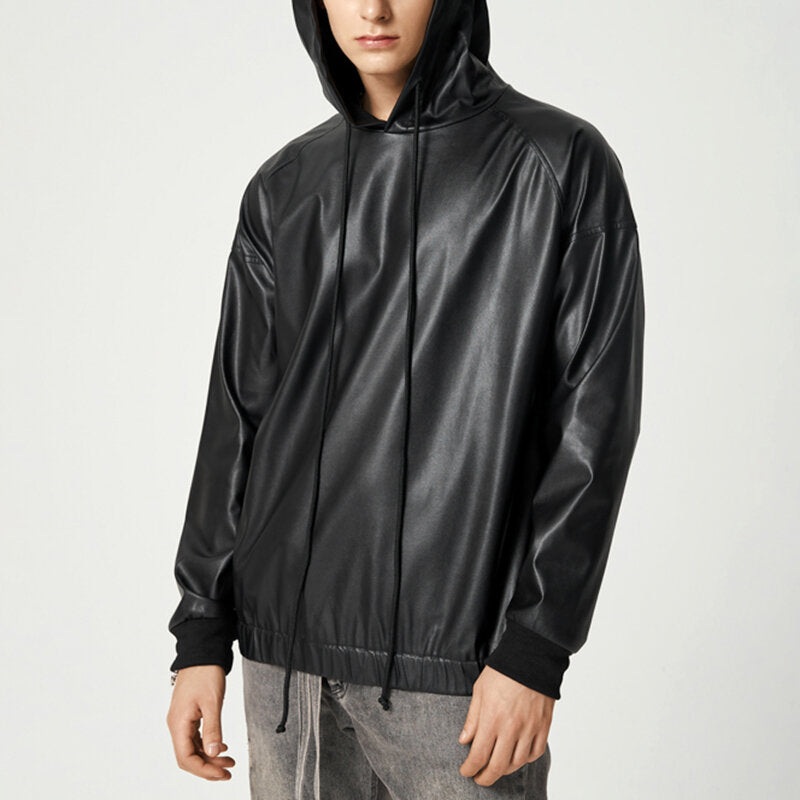 INCERUN Men Fashion Men Sweatshirts Black PU Leather Hooded Long Sleeve Hoodies Streetwear Solid Color Punk Casual Men Pullover S-5XL