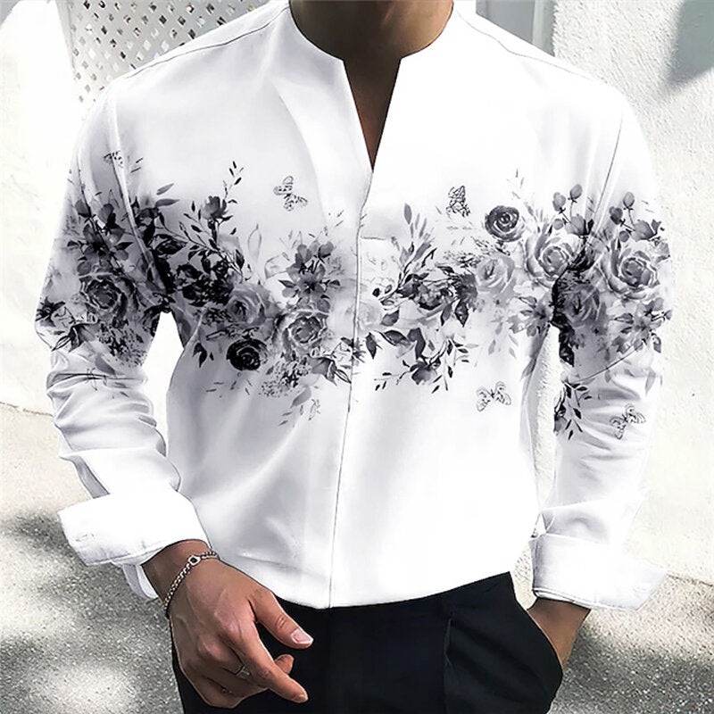 INCERUN Men Floral Print V-Neck Long Sleeve Shirt Comfy Loose Fit Casual White Shirt Beach Mens Top Plus Size, Spring Fall
