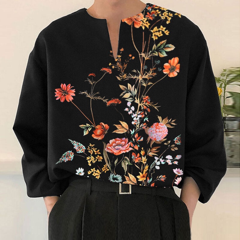 INCERUN Men Flowers Print V-neck Long Sleeve Shirt Comfy Loose Fit Top Shirt for Men Plus Size, Spring Fall