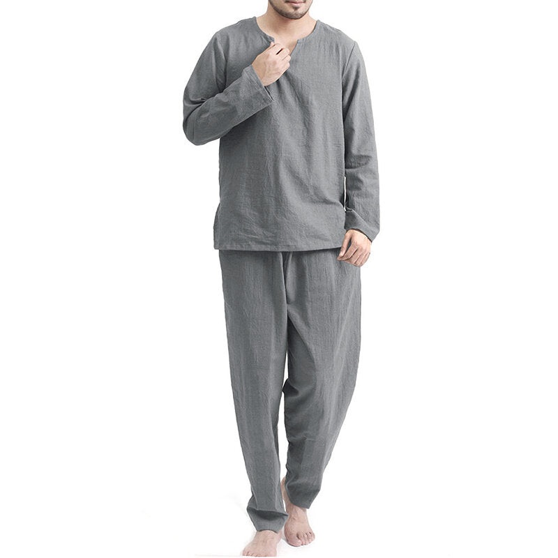 INCERUN Men Home Two Piece Set Solid Color Cotton Linen Long Sleeve Top and Pant with Pockets, Casual Men’s Set Plus Size Spring Fall