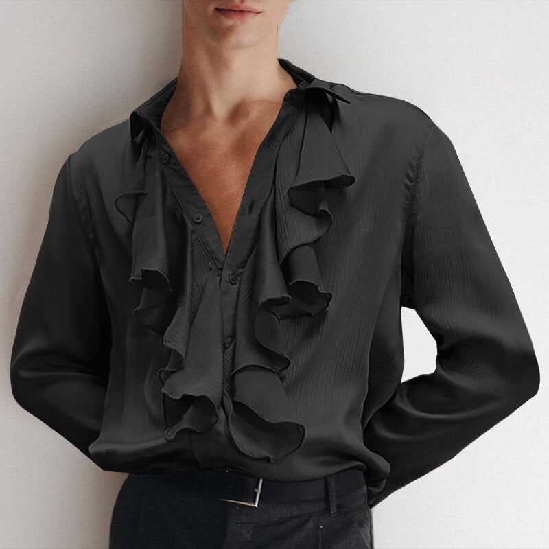 INCERUN Men Lace Collar Design Long Sleeve Shirt Fashion Solid Color Botton Up Lapel Top Male for Spring Fall