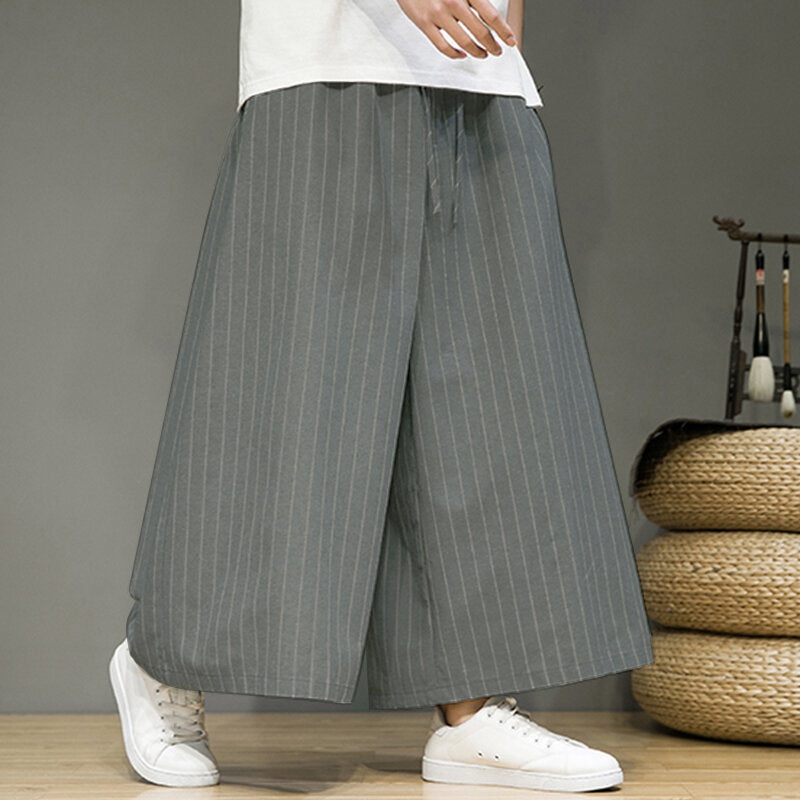 INCERUN Men Retro Stiped Wide Leg Pants Cotton Linen Straight Wide-leg Trousers for Spring Fall, Plus Size S-5XL