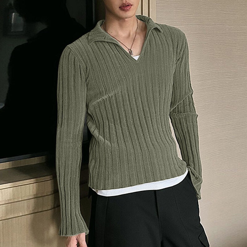 INCERUN Men Slim Fit Sweater Plain Color V-neck Collared Knitted Long Sleeve Sweater, Casual Pullover Sweater for Fall & Winter, Men’s Clothing