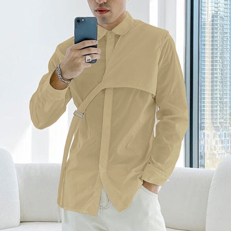 INCERUN Men Solid Color Long Sleeve Shirt with Right Tab Design Comfy Loose Fit Lapel Top for Men Plus Size Spring Fall