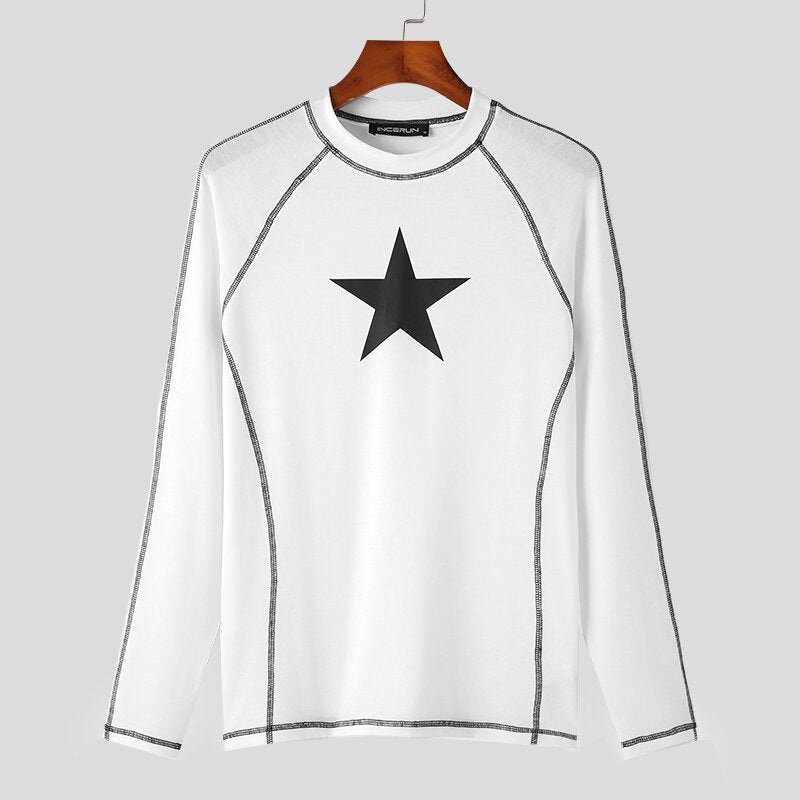 INCERUN Men Start Print White Tight T-shirt Fashion Stitching Crew Neck Long Sleeve White Top Tee for Men Plus Size, Spring Fall