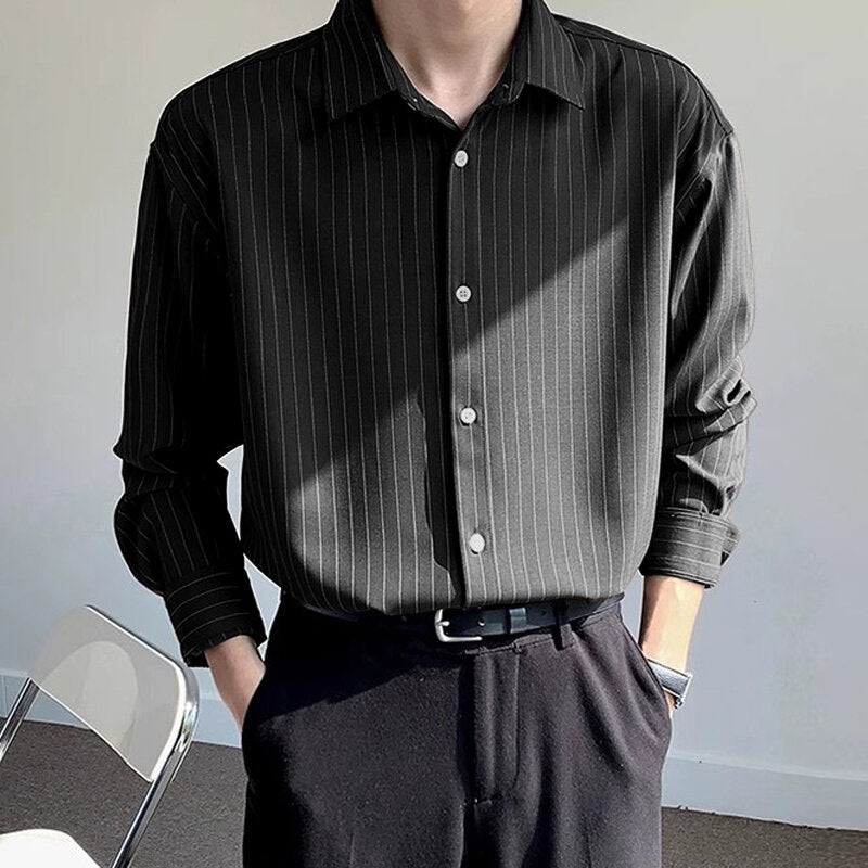 INCERUN Men Striped Casual Long Sleeve Shirts, Button Up Lapel Collar V-neck Shirt, Plus Size Men Tops For Daily And Holiday Leisurewear