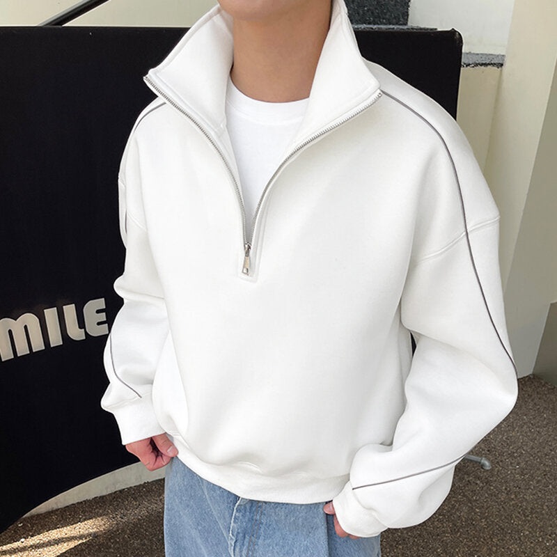 INCERUN Men Zipper Half High Neck Long Sleeve Sweatshirt Comfy Solid Color Pullover Hoodies Plus Size