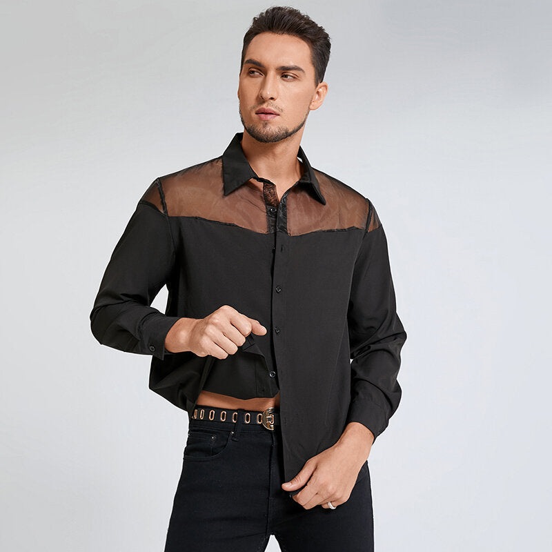 INCERUN Mens Mesh Patchwork Long Sleeve Shirts Fashion Lapel Button Black Casual Shirts for Men Plus Size Spring Fall