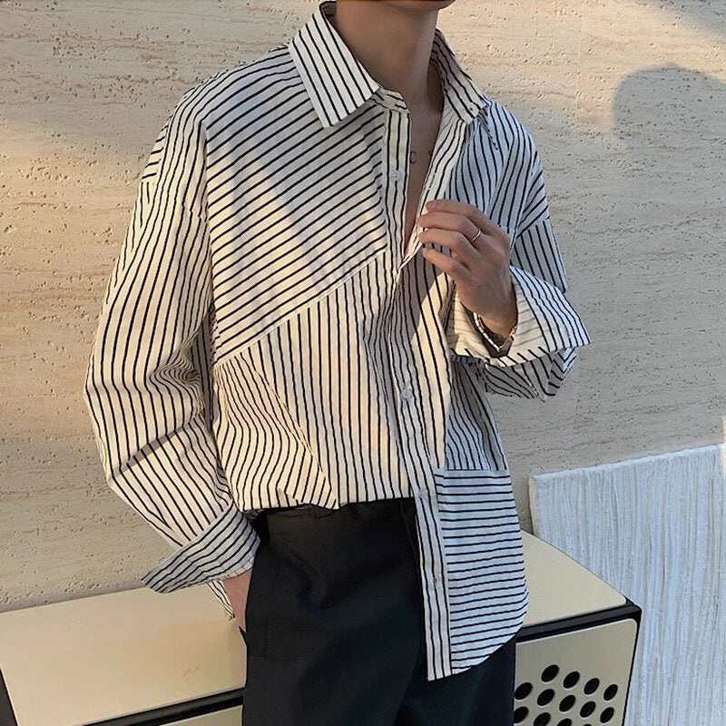 INCERUN Mens Shirt Striped Stand Lapel Long Sleeve Top Shirts Daily Casual Male Clothing Solid Color Shirts Plus Size