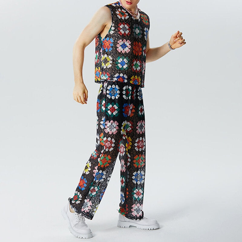 INCERUN Mens Two-piece Suits Windowpane Lace Printed Micro Sheer Tank Top & Pant Casual Vest Pant Set Casual Sets Male Plus Size