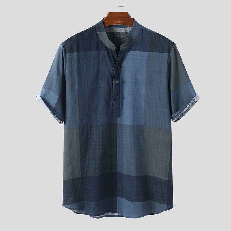 INCERUN Solid Men’s Shirt Top Retro Color Block Plaid Shirts Short Sleeve Closure Summer Henley Shirt Button Up Casual Shirt for Daily Vacation Resorts Beach Shirts for Men