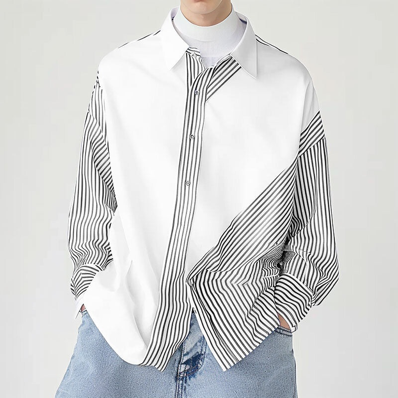 INCERUN Men Irregular Striped Design Long Sleeve Shirts Casual Daily Lapel Casual Shirt for Men Plus Size, Spring Fall