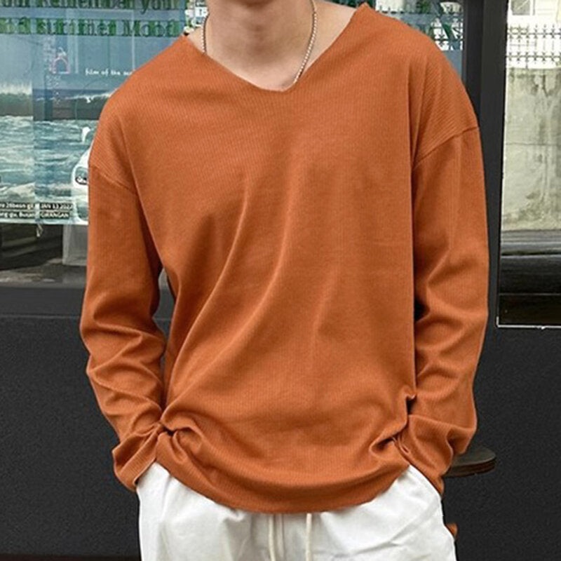 INCERUN Men Knitted V-neck Long Sleeve T-shirts, Plus Size Solid Color Comfy Casual T-shirts For Men Spring Fall