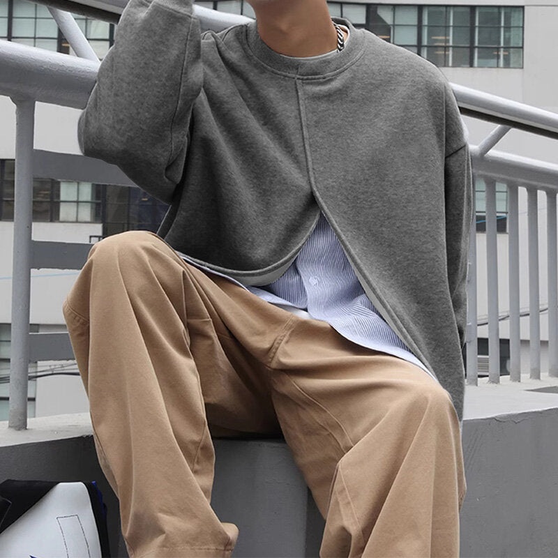 INCERUN Men Solid Color Pullover Hoodies Sweatshirt Deconstructed Patchwork Single Layer Pullover Sweatshirt Plus Size S-5XL, Spring Fall