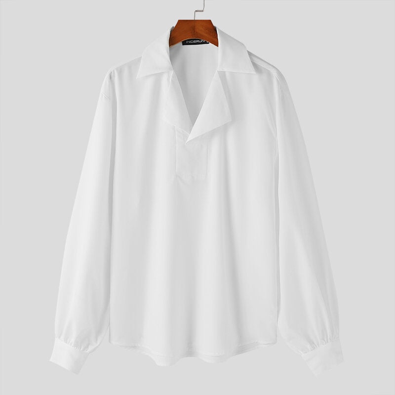 INCERUN Mens Composite French Design Long Sleeve Shirt Spring Fall Plus Size Casual White Shirt Lapel Top for Mens