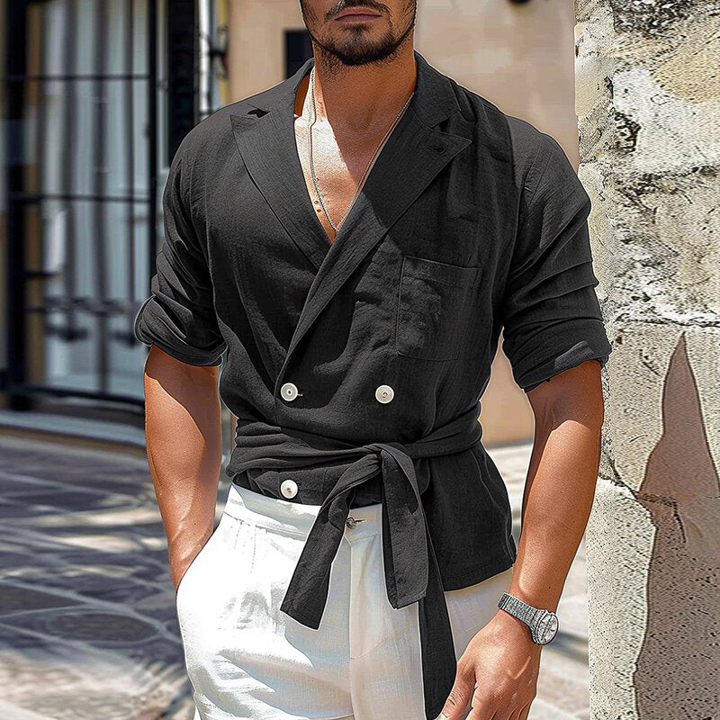 INCERUN Mens Suit Lapel Design Belt Long Sleeve Shirt Casual Solid Color Lapel Top Shirt Plus Size, Spring Fall Men’s Clothing