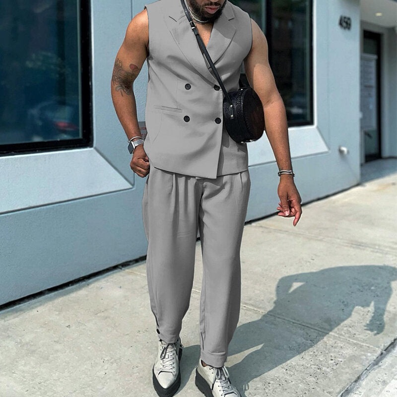 INCERUN Mens Two-piece Suits Trendy Sleeveless Double-breasted Suit Vest + Pants Casual Set Casual Sets Male Plus Size