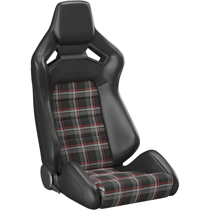 Corbeau Sportline RRX Reclining Seat Pair (Driver & Passenger) – Black Vinyl/Red Plaid Cloth