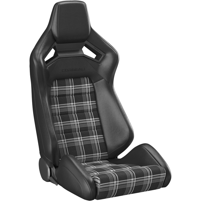 Corbeau Sportline RRX Reclining Seat Pair (Driver & Passenger) – Black Vinyl/White Plaid Cloth